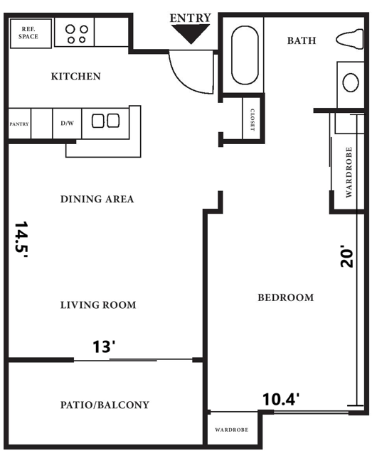 Floor plan for 1 bed, 1 bath, 597 sqft